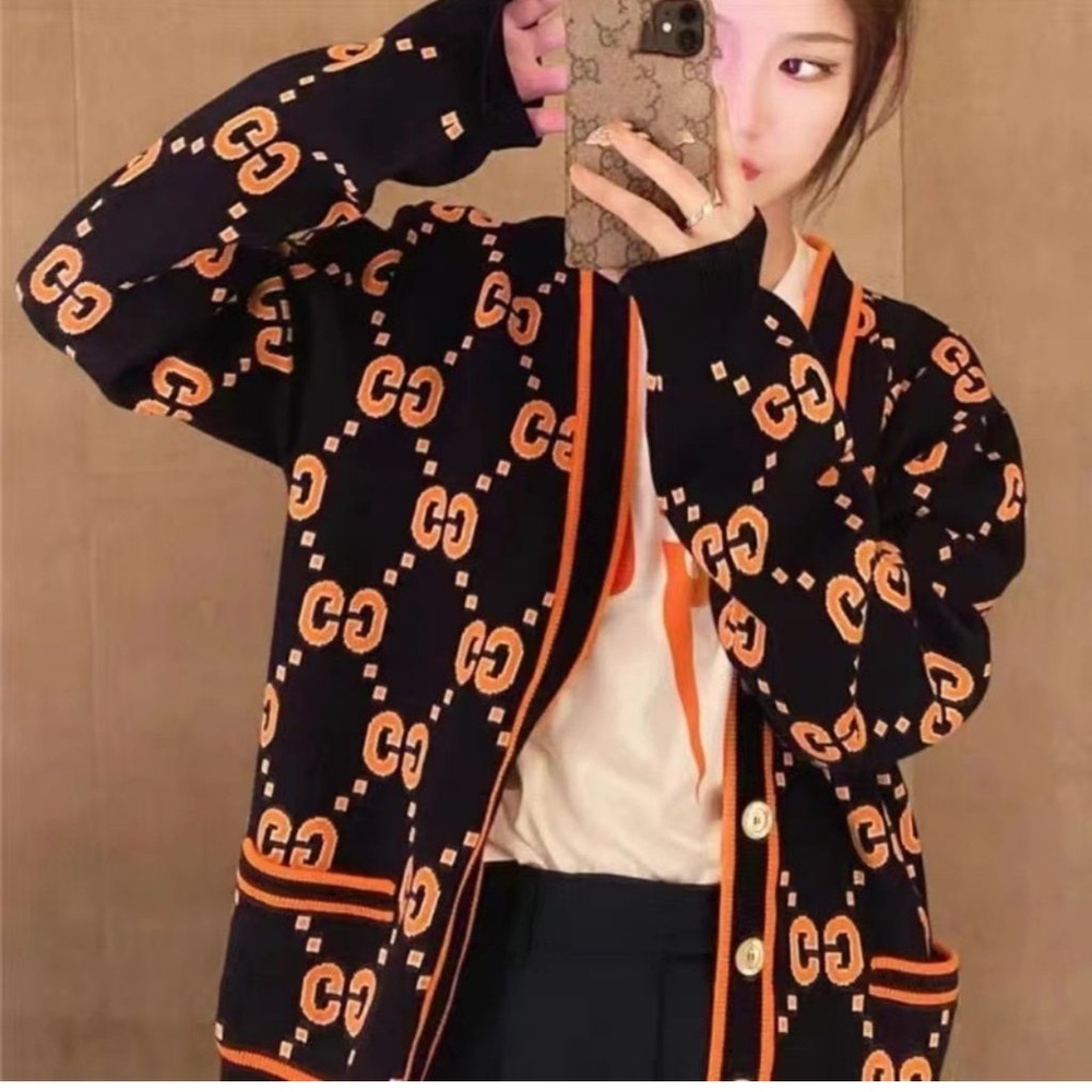 Women’s Fashion Blue Orange Long Sleeve Cardigan NWT Size L - Picture 1 of 3